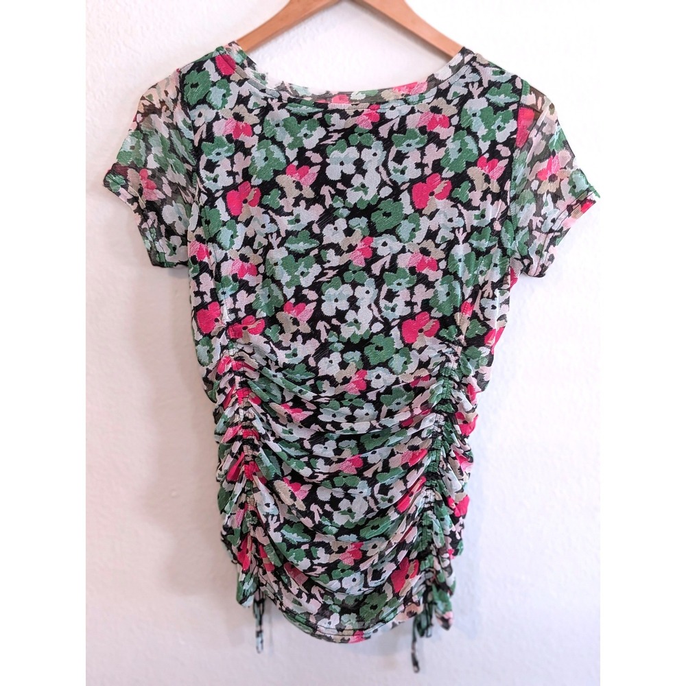 Jane & Delancey Floral Ruched Top Womens Small Pink Green Sheer Mesh Stretch